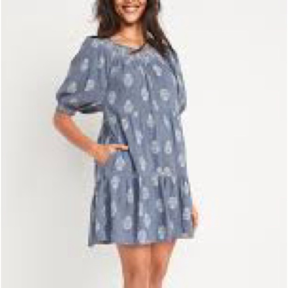 ⭐️Old Navy,Iconic Puff-Sleeve,Smocked Embroidered,Tiered,Mini Swing-Dress,Size M - Picture 4 of 15